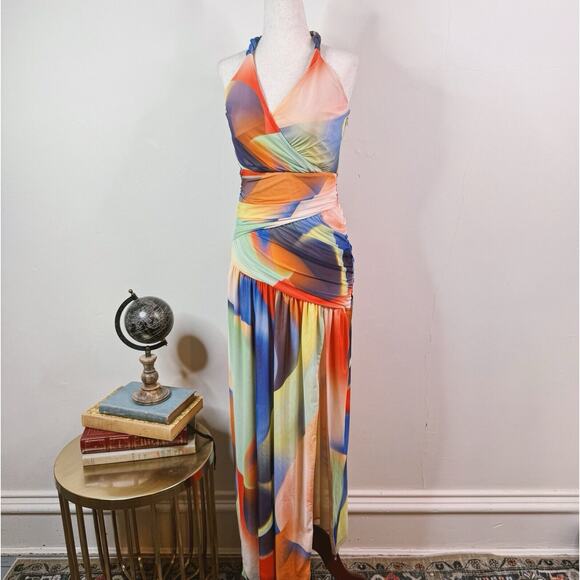 Nicholas Dresses & Skirts - Nicholas Maxi Dress Ruched Mesh Watercolor Braided Halter Size 6 Tropical